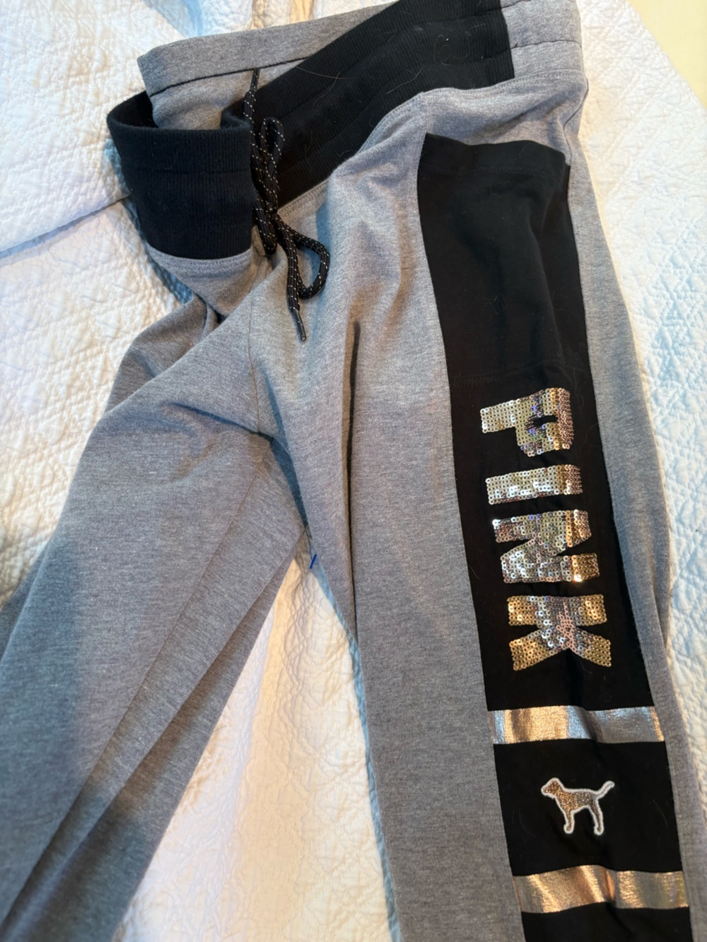 Victoria's Secret PINK Rose Gold Sequin Mascot Boyfriend Jogger Sweatpants Small